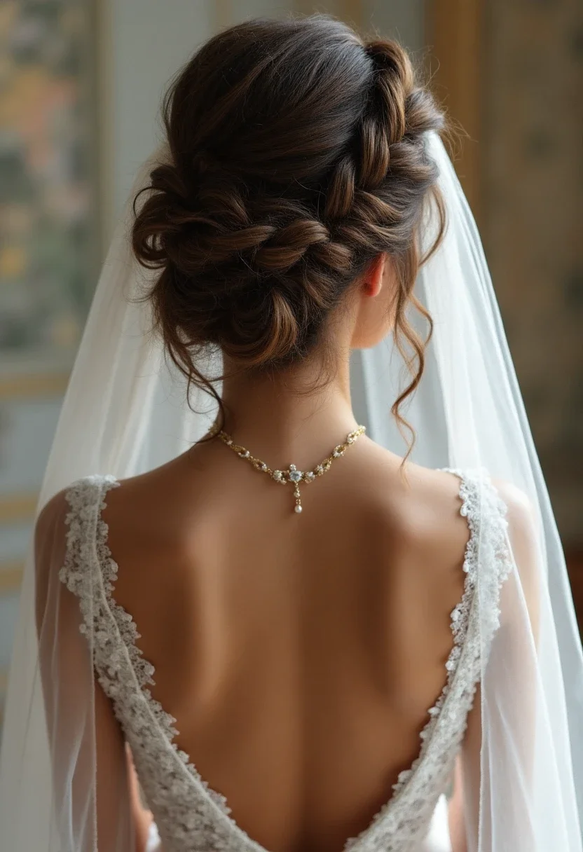 Bride with an intricate braided updo hairstyle.