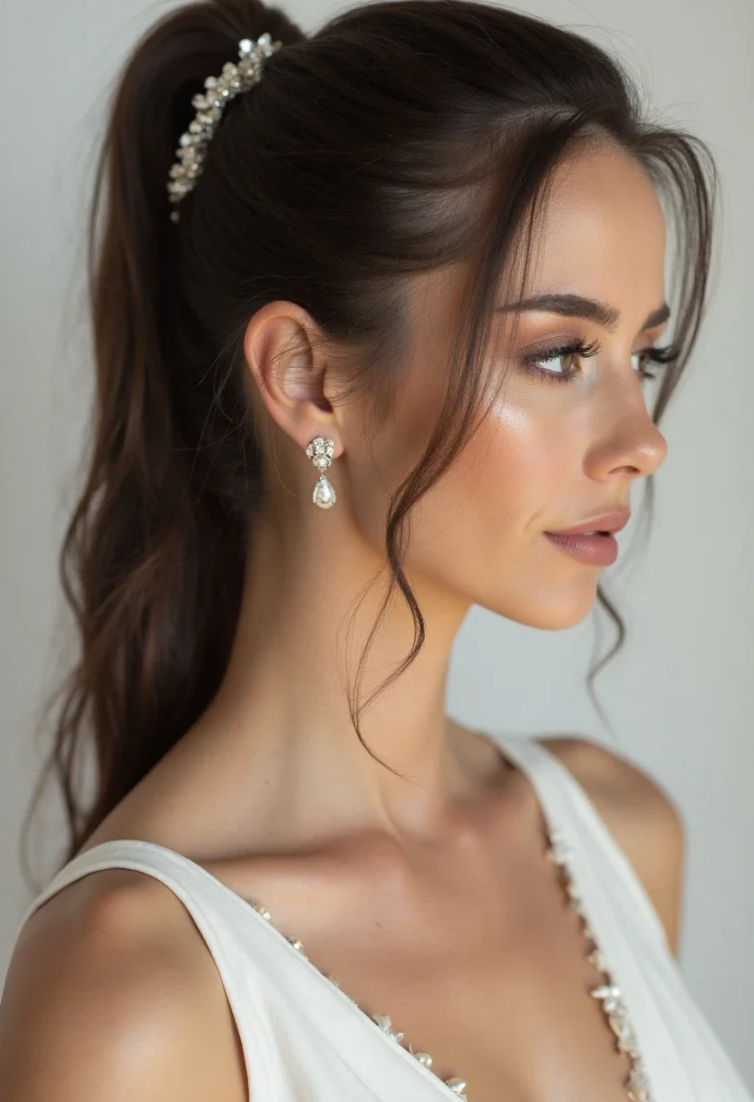 Bride with a sleek ponytail hairstyle.