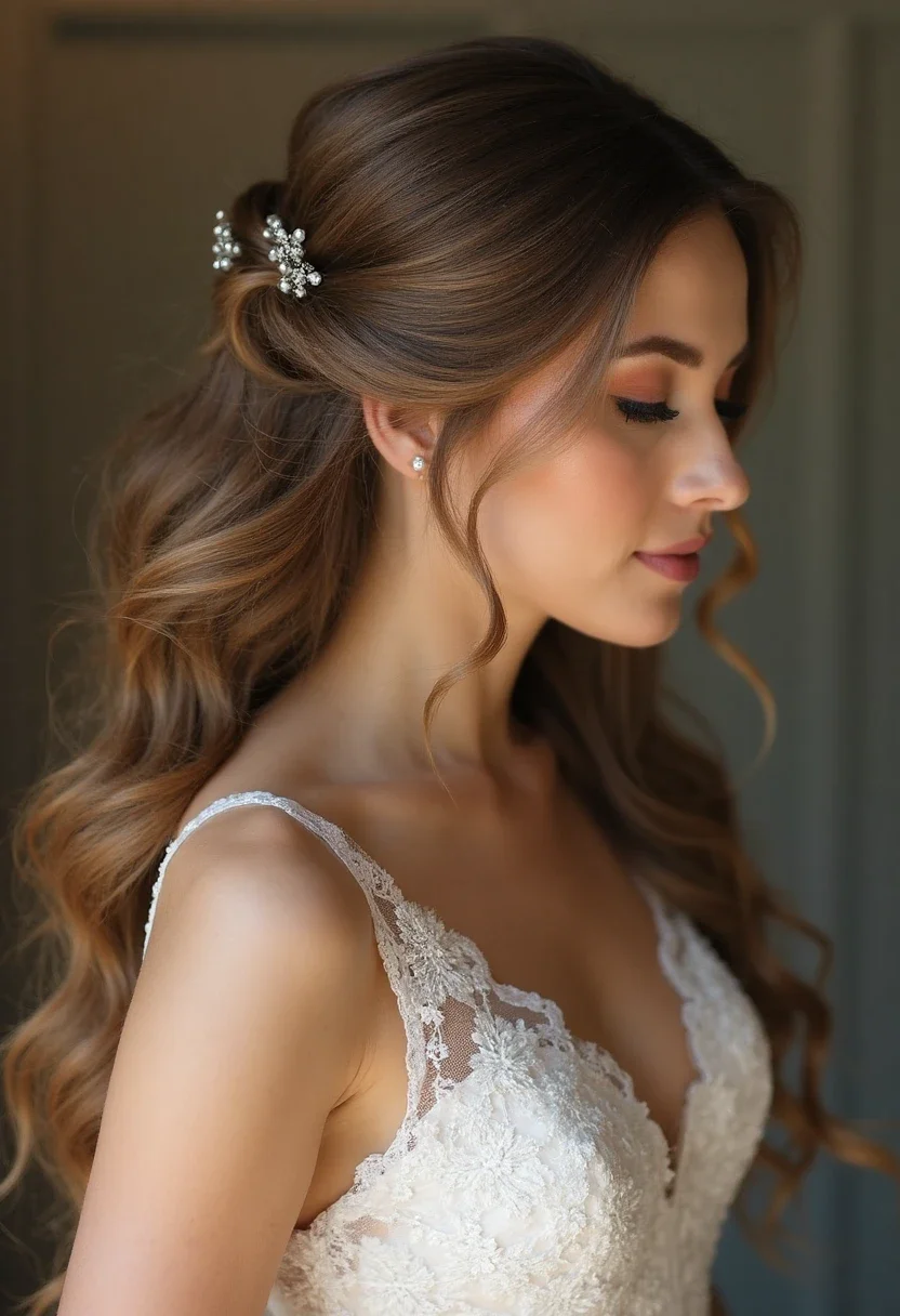 Bride with classic half up half down hairstyle, smooth and polished.