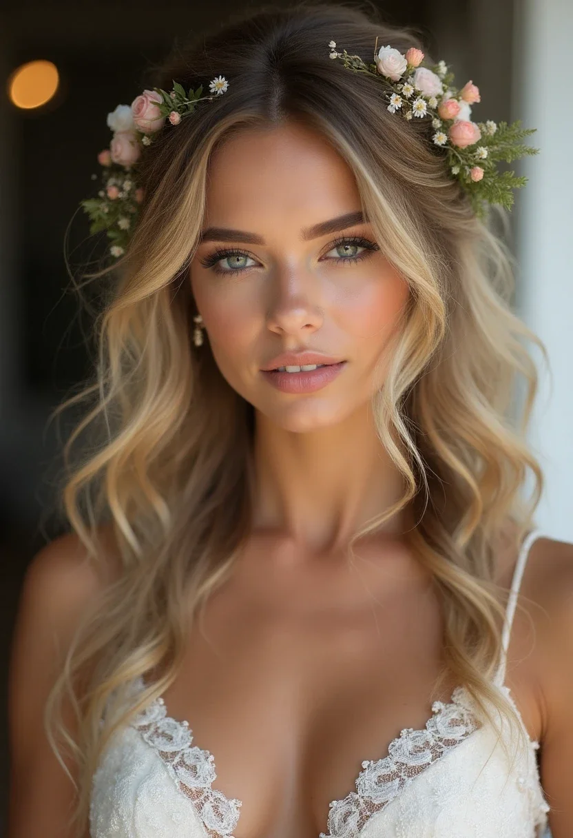 Bride with bohemian waves hairstyle, loose and adorned with flowers.