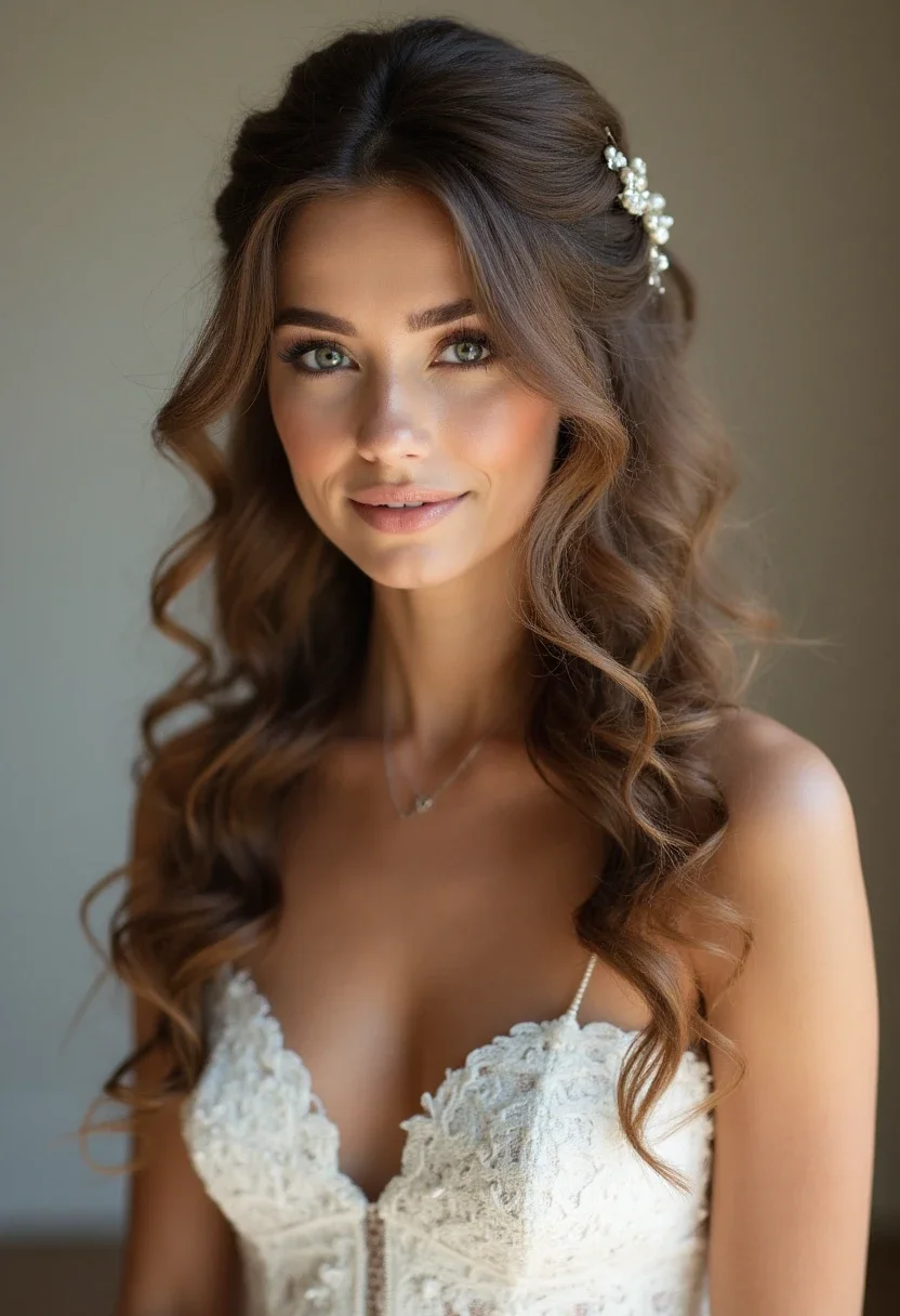 Bride with soft ringlet hairstyle, loose and bouncy curls.