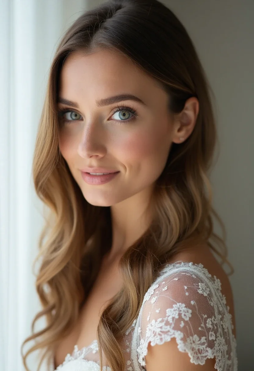 Bride with sleek straight hairstyle, smooth and polished.