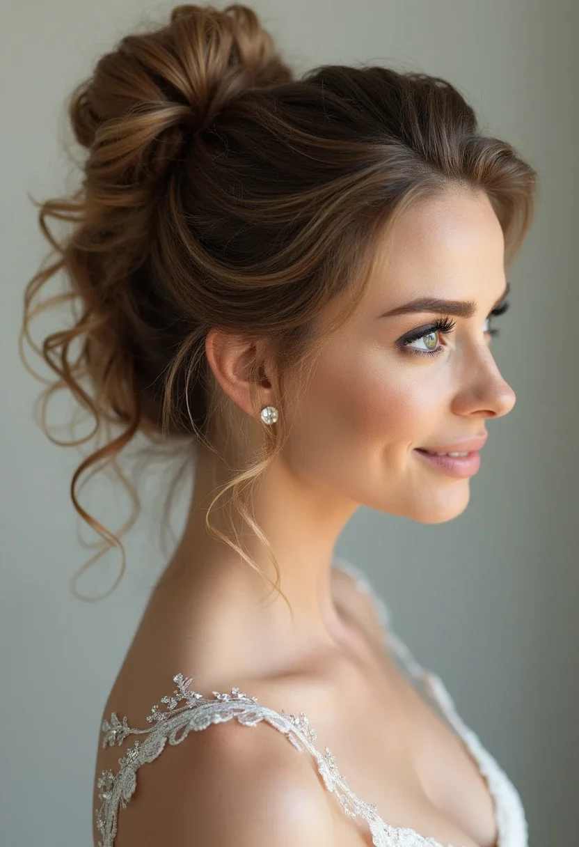 Bride with playful ponytail hairstyle, high and energetic.