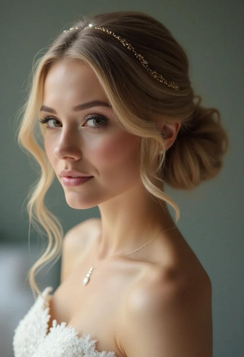 Bride with chic chignon hairstyle, polished and sophisticated.