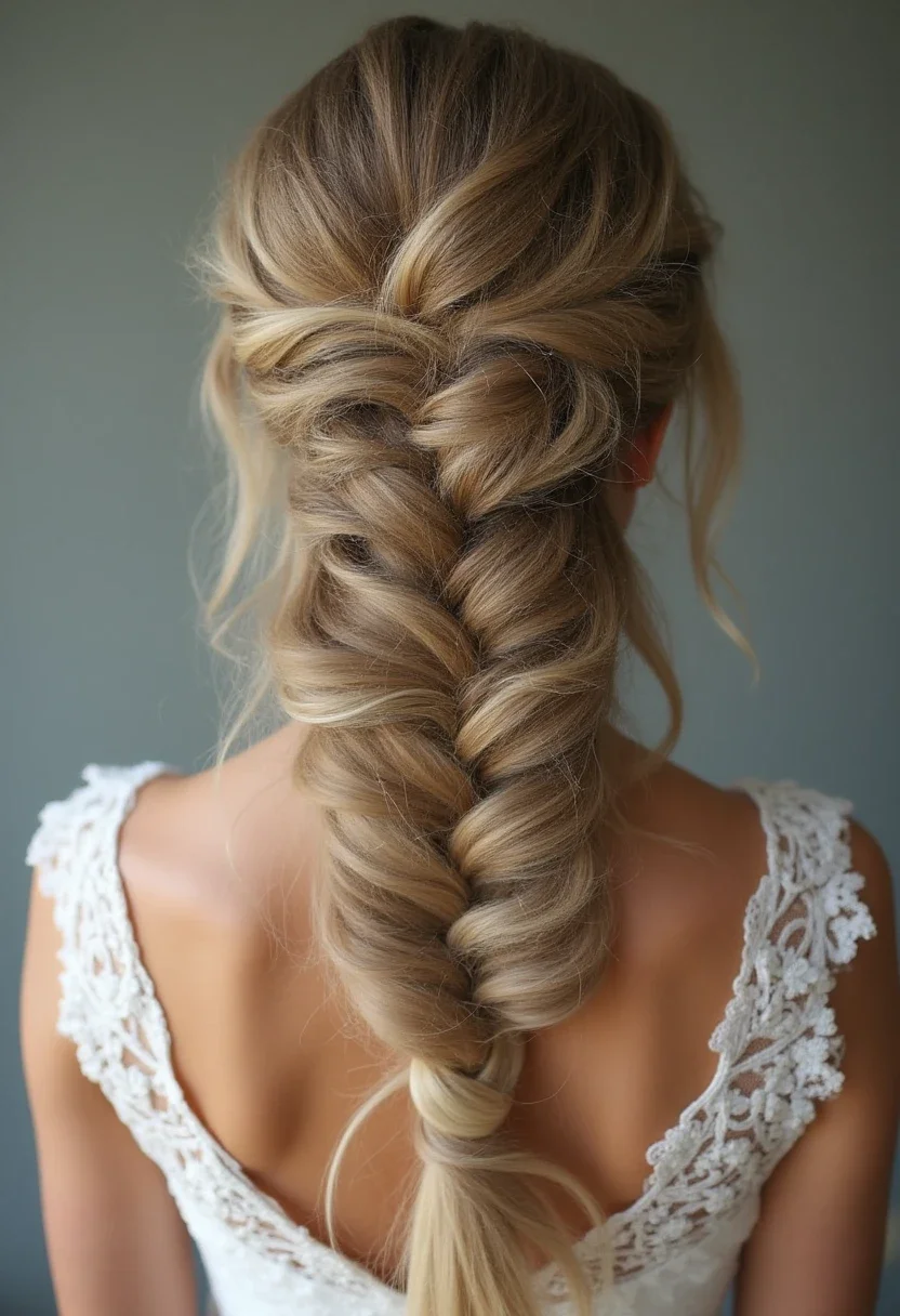 Bride with ethereal fishtail hairstyle, intricate and enchanting.