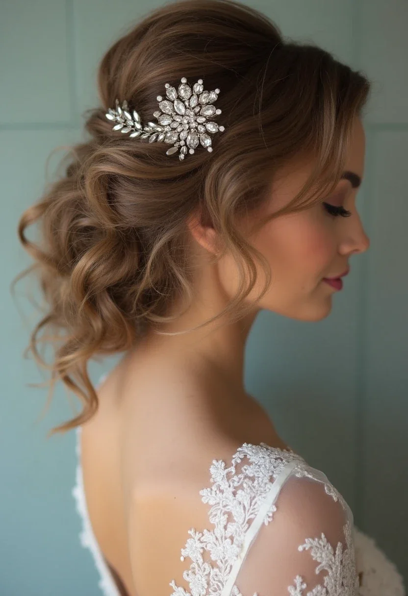 Bride with vintage glamour hairstyle, soft curls and jeweled accessory.