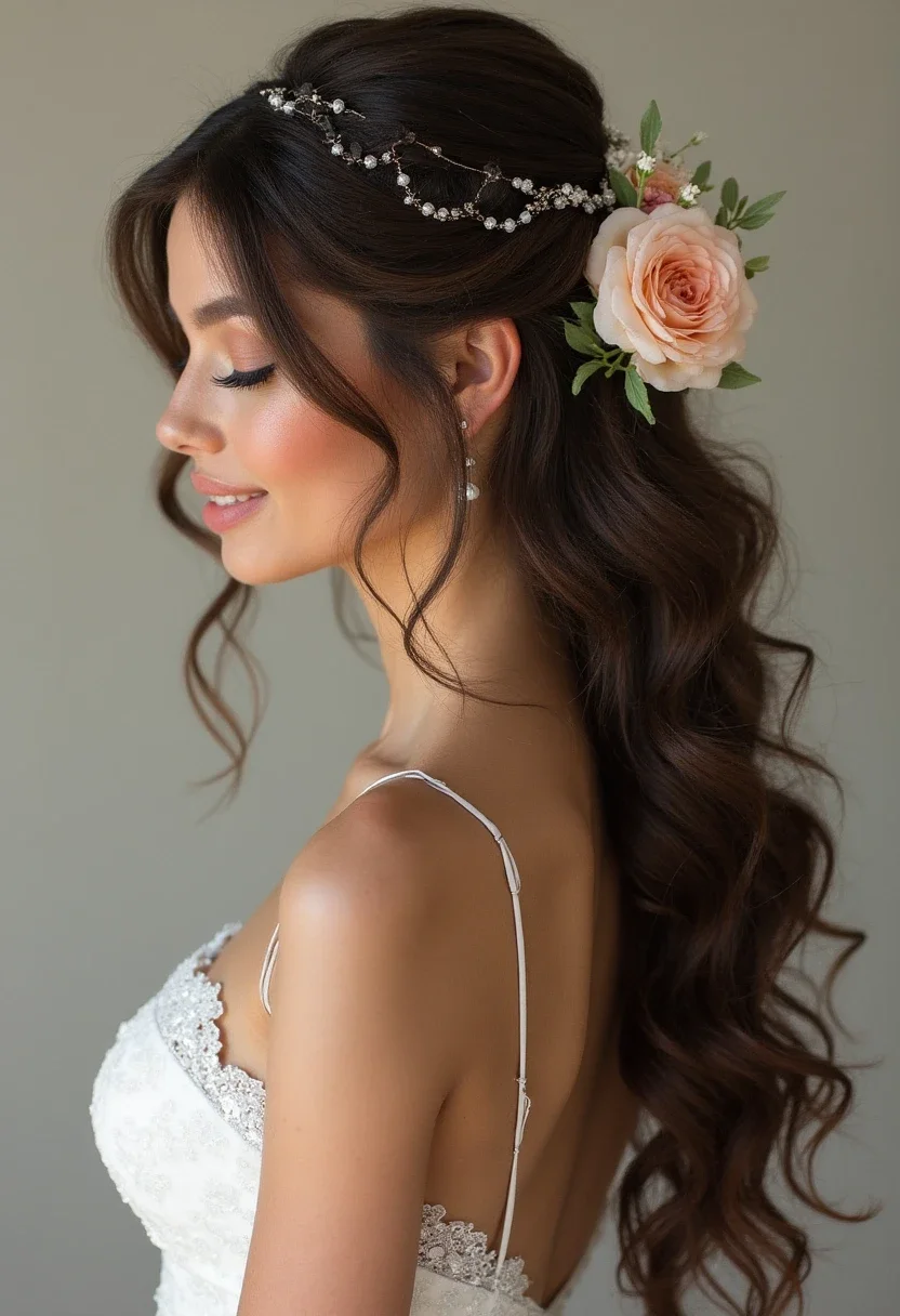 Bride with floral accented hairstyle, featuring a bloom or floral chain.