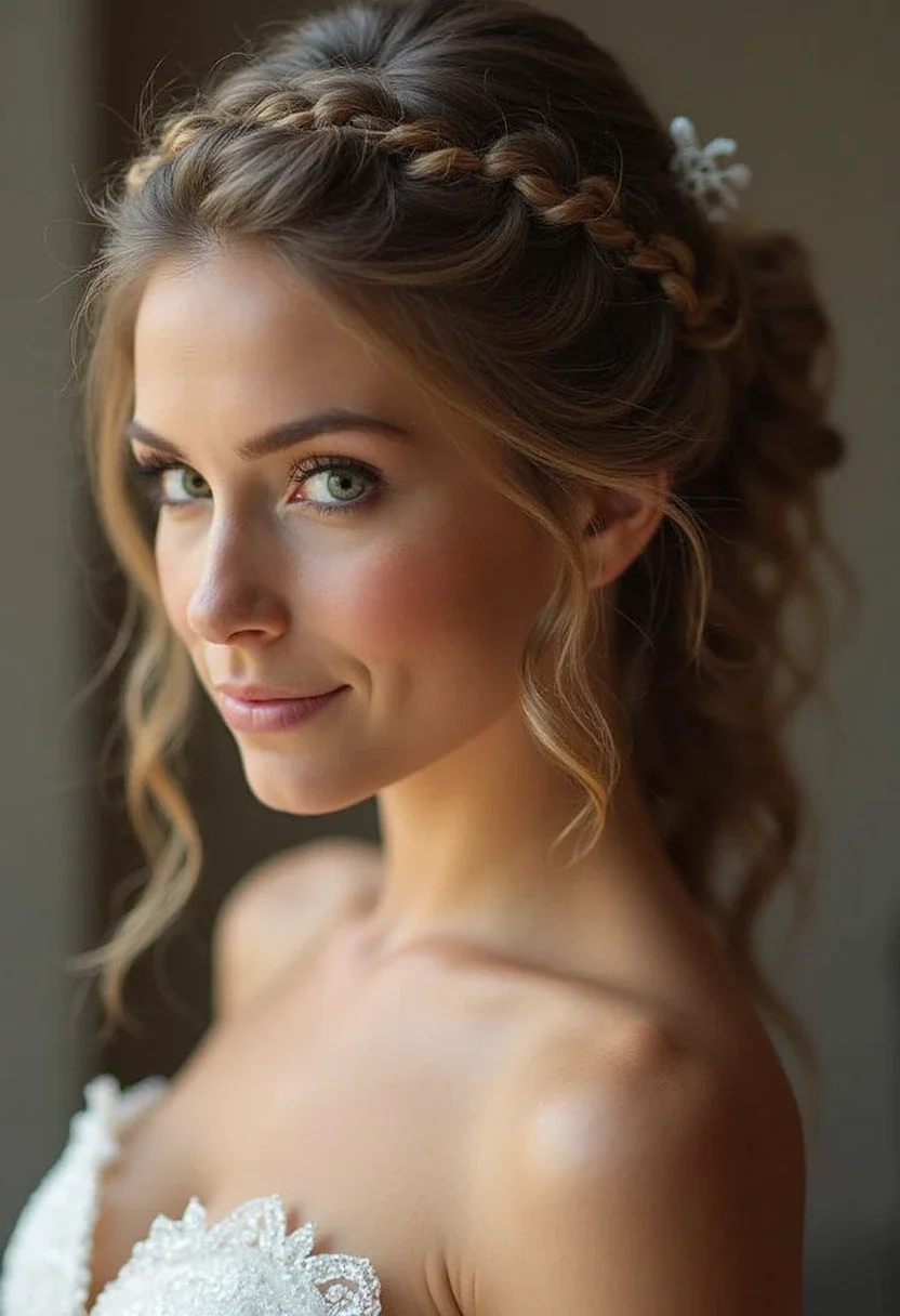 Bride with braided half up half down hairstyle, featuring fishtails or other braids.