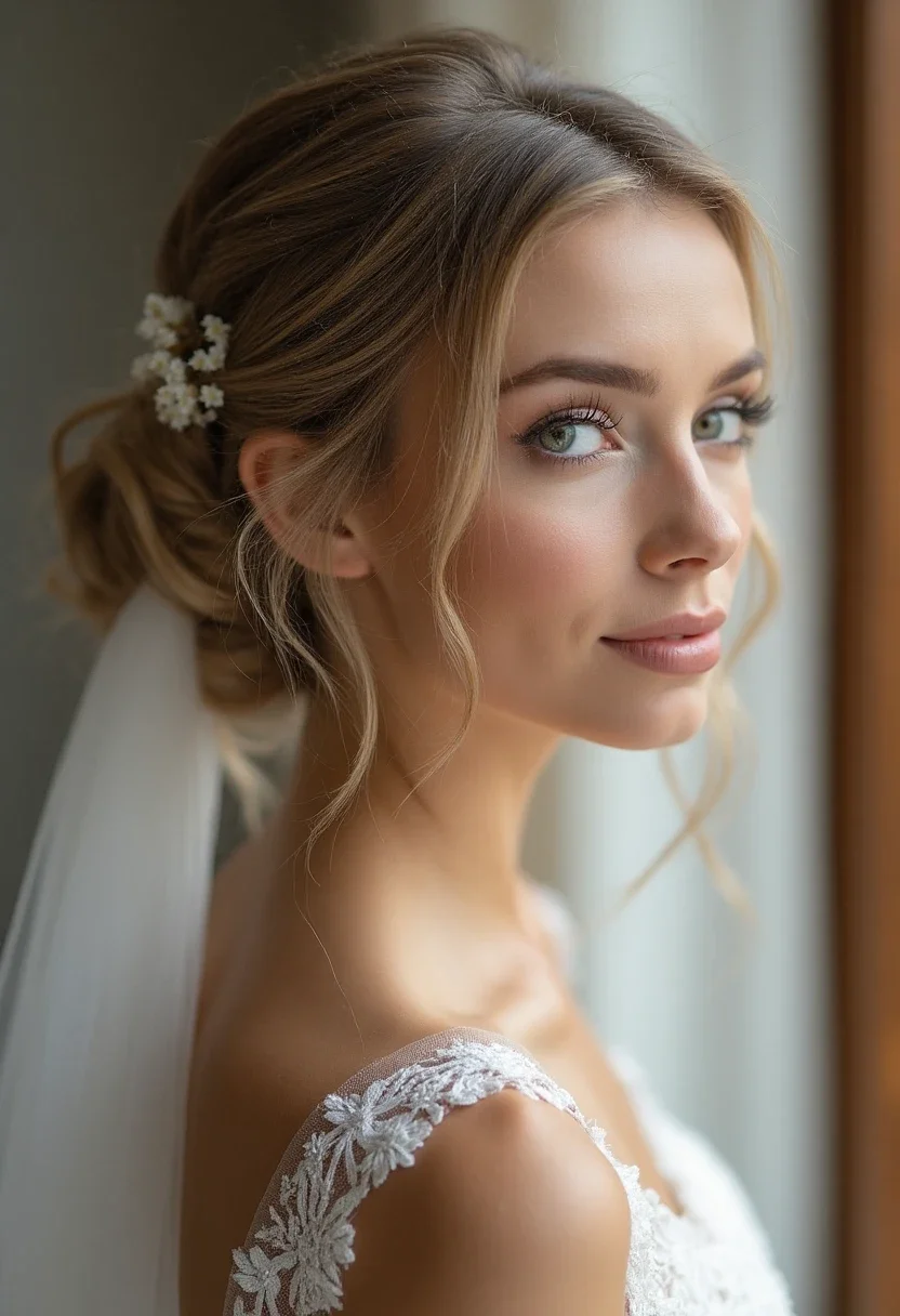 Bride with minimalist hairstyle, sleek and smooth with a simple accessory.