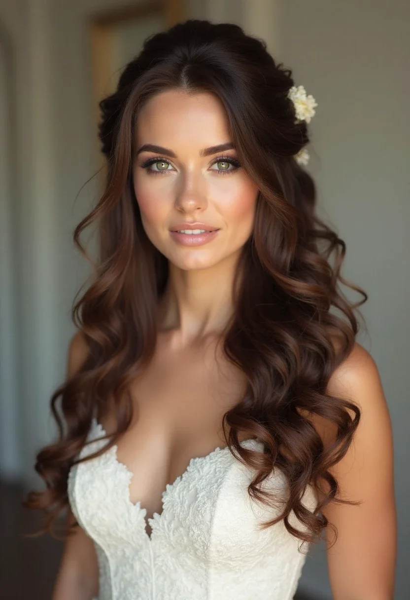 Bride with romantic curls, cascading and framing the face.