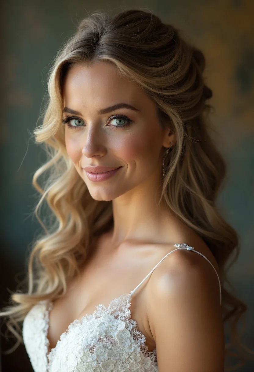 Bride with twisted half up half down hairstyle, adding sophistication.