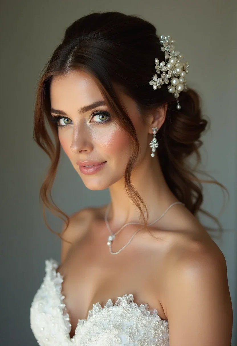 Bride with pearl-embellished hairstyle, classic and elegant.
