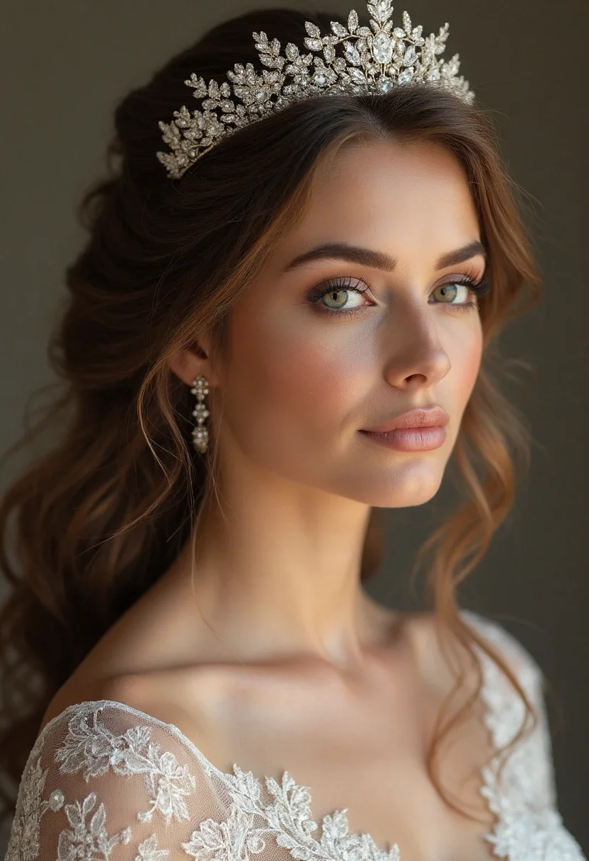 Bride with a tiara-adorned hairstyle, regal and fairytale-like.
