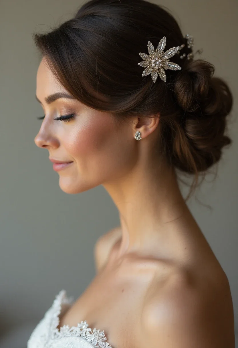 Bride with an elegant French twist hairstyle and jeweled pins.