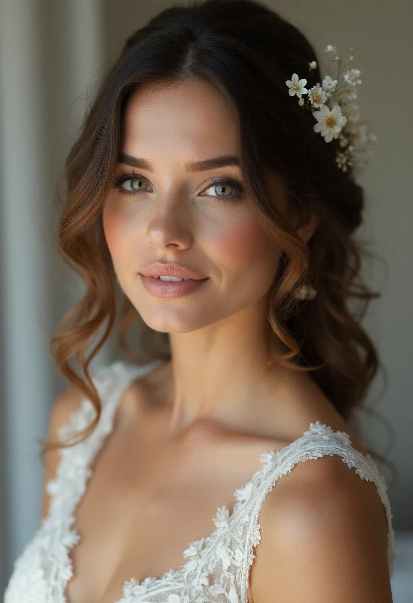 Bride with side-swept curls and a side hair comb.