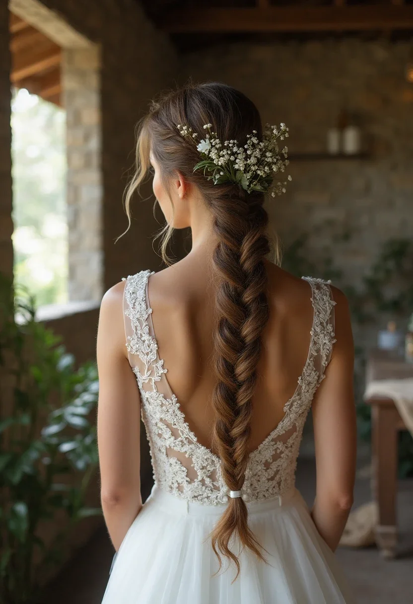 Bride with an intricate fishtail braid and small flowers.