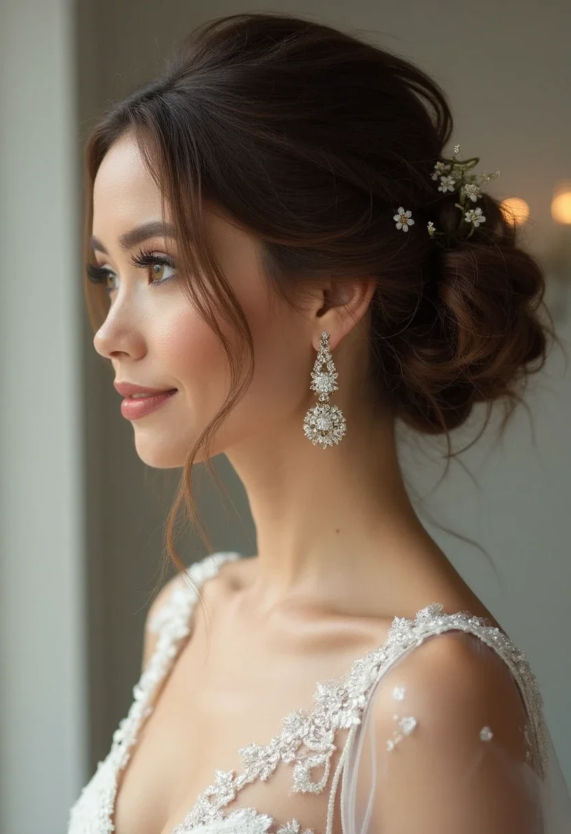Bride with a textured high bun and statement earrings.