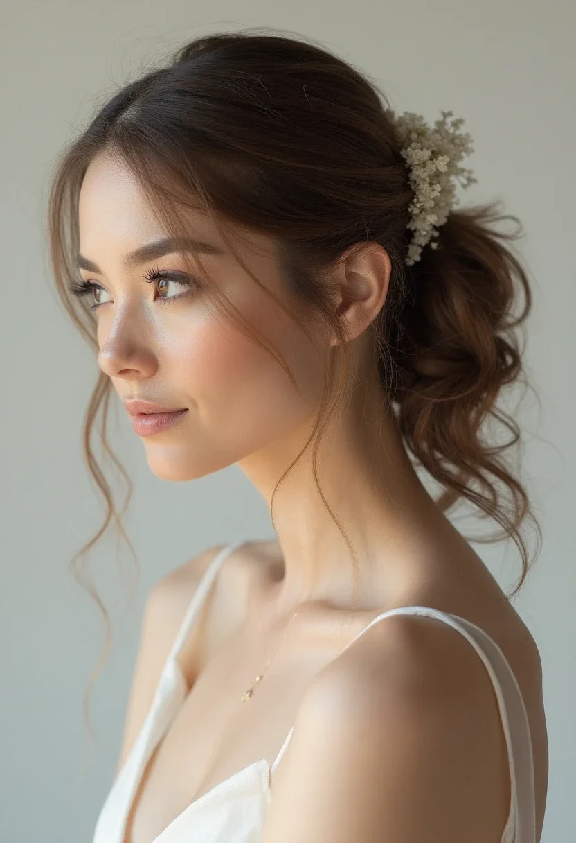 Bride with a minimalist ponytail and a decorative hair tie.
