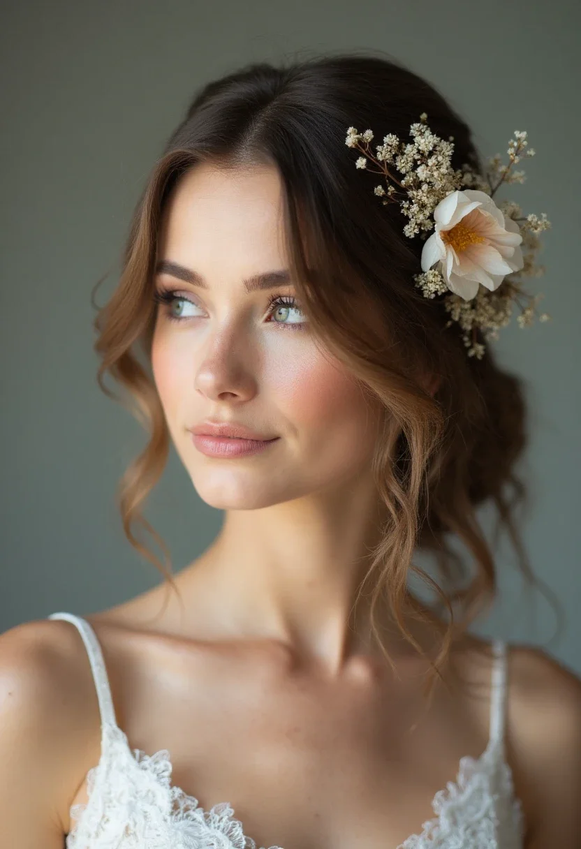 Bride with a natural and effortless hairstyle and a floral accessory.