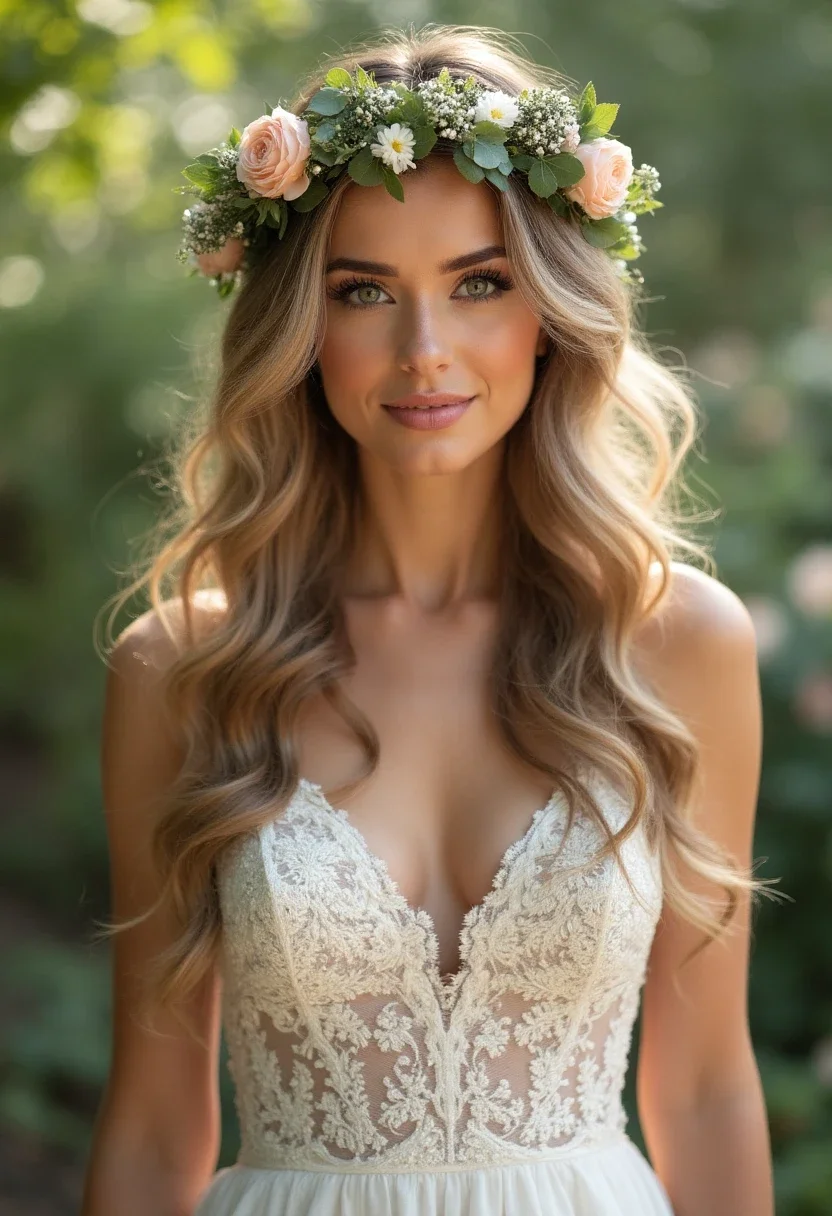 Bride with romantic loose waves and a floral crown.