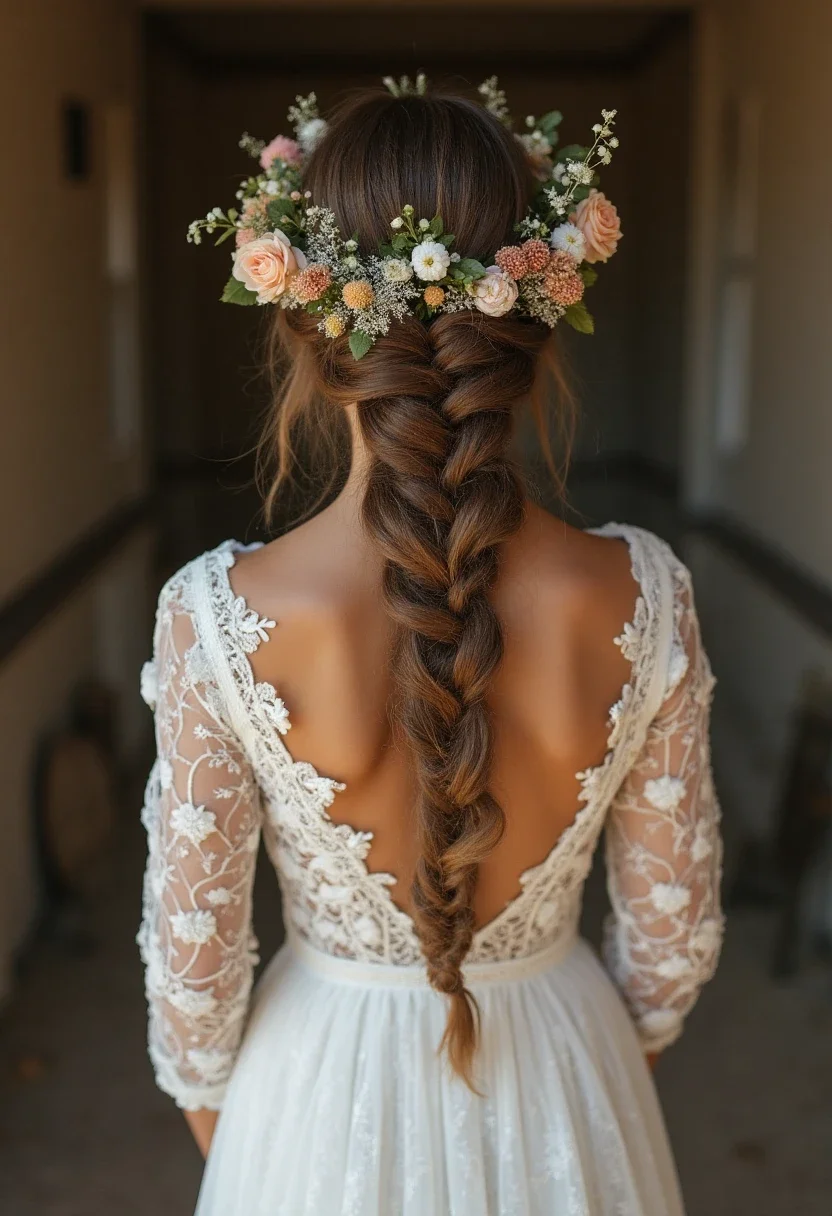 Bride with a bohemian braided crown and small flowers.