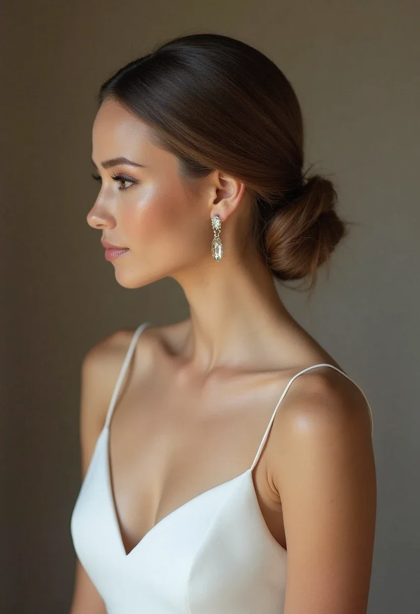 Bride with a sleek low bun and statement earrings.