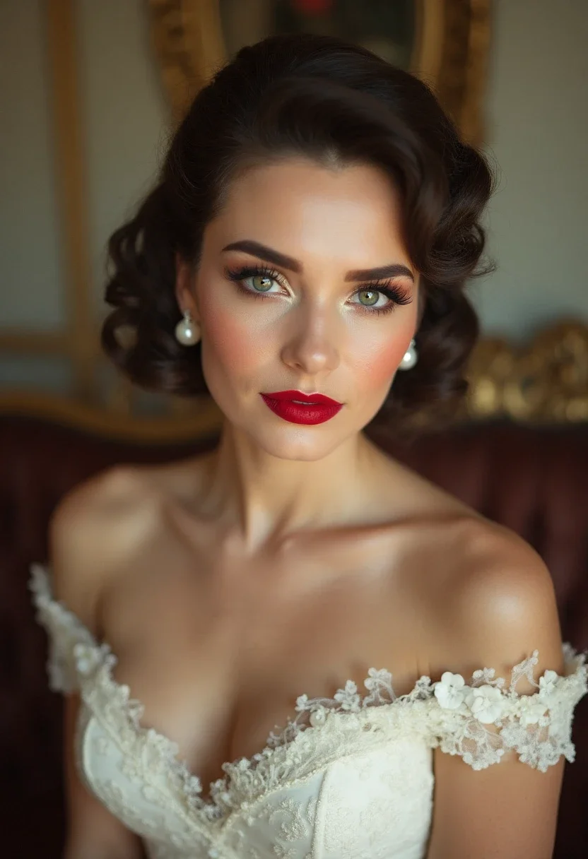 Bride with vintage finger waves and pearl earrings.
