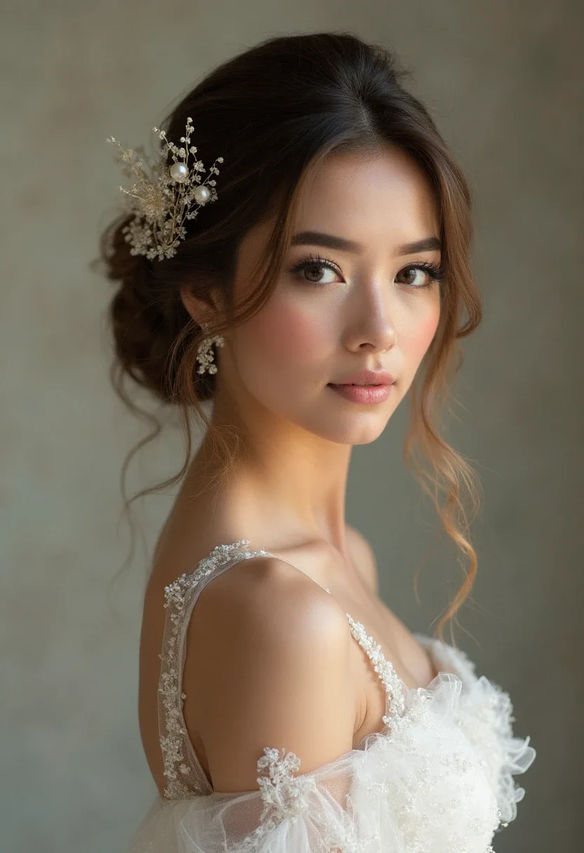 Bride with a half-up, half-down hairstyle and a hair clip.