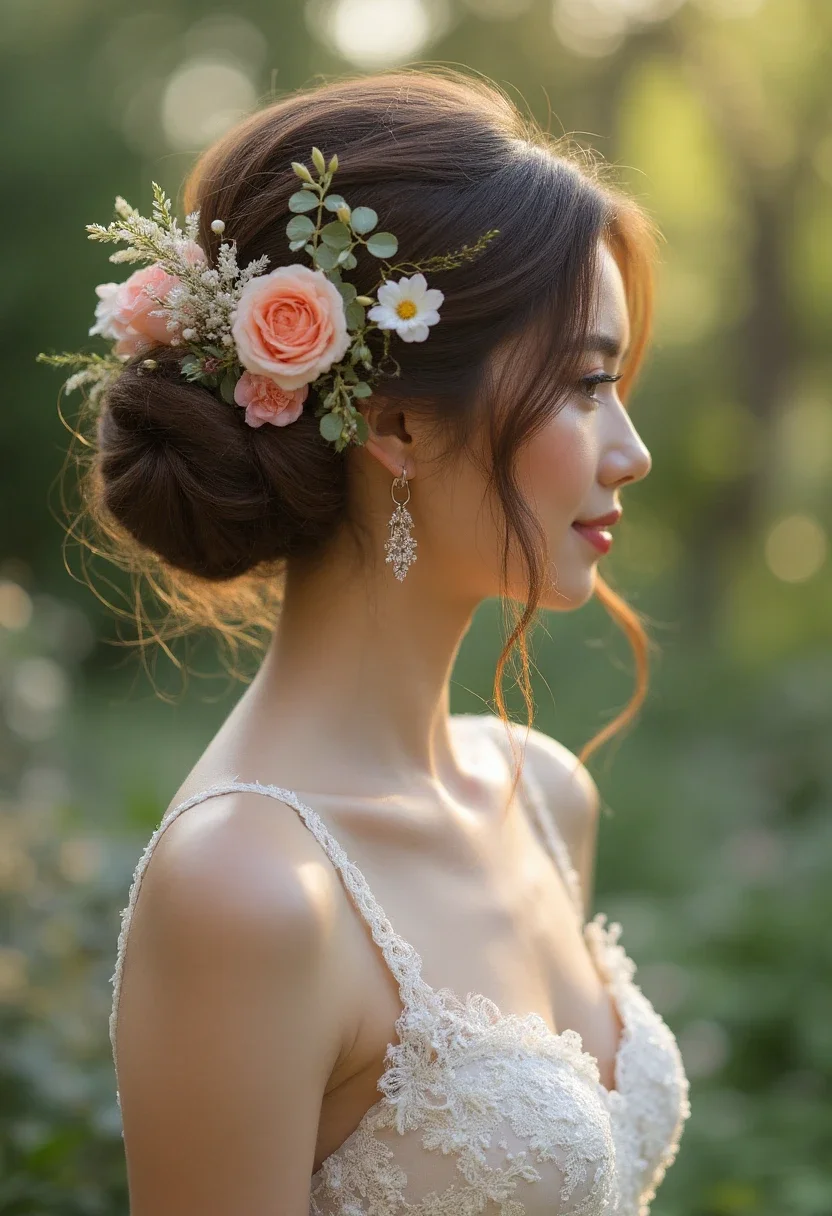 Bride with a floral accented updo and fresh flowers.