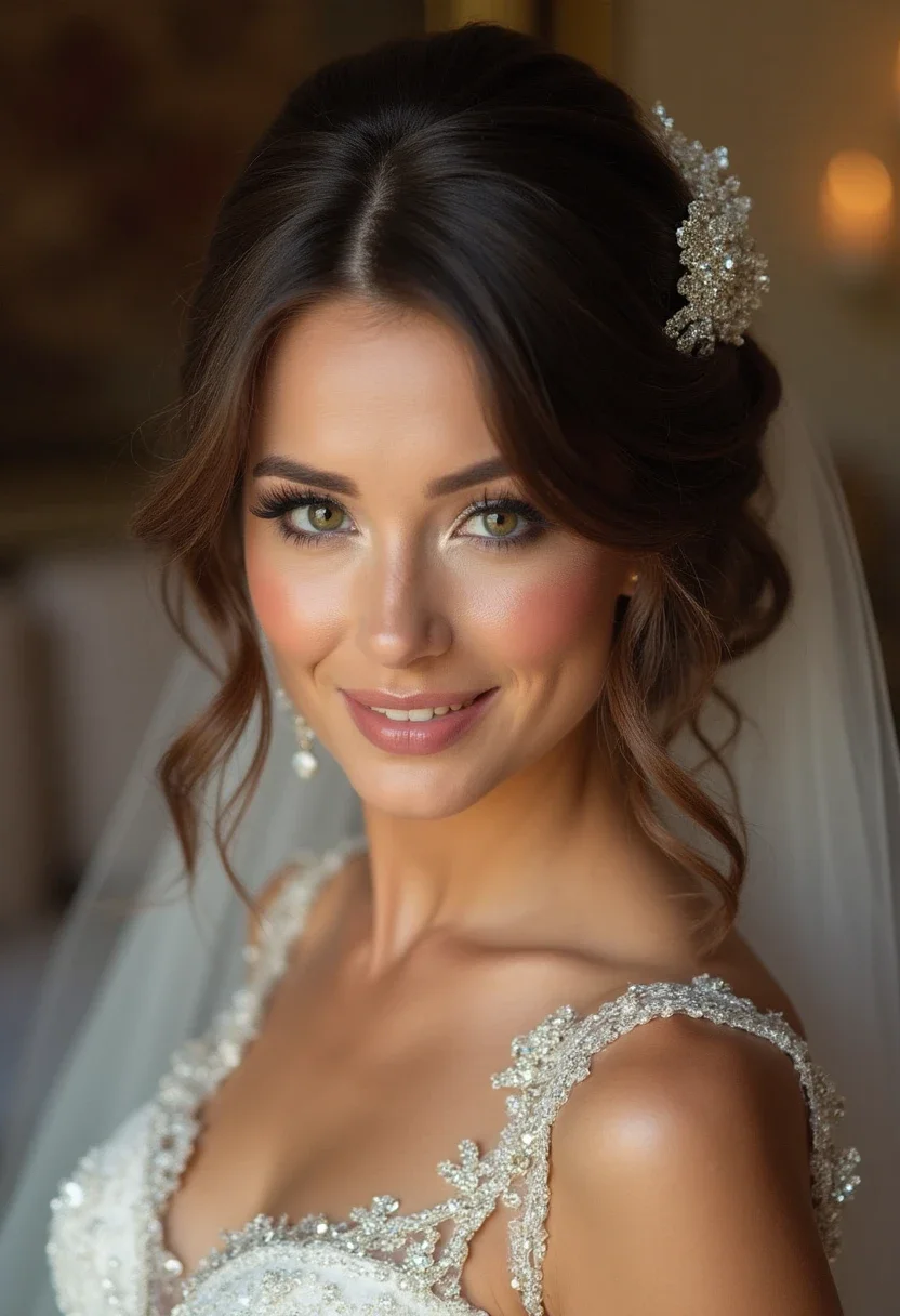 Bride with glamorous Hollywood waves and a sparkling hair accessory.