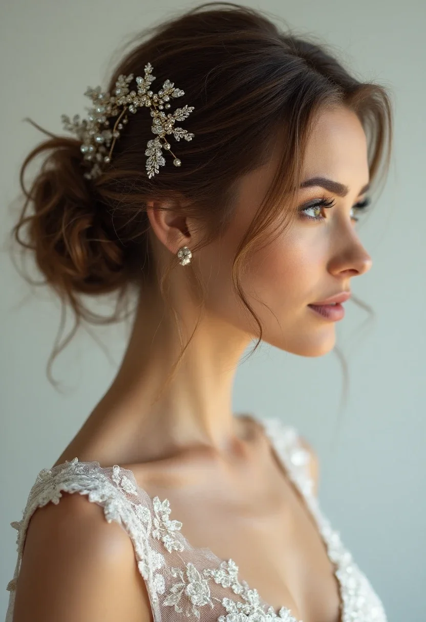 Bride with a messy bun and decorative pins.
