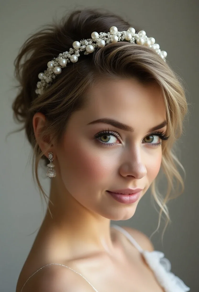 Bride with textured pixie and headband.