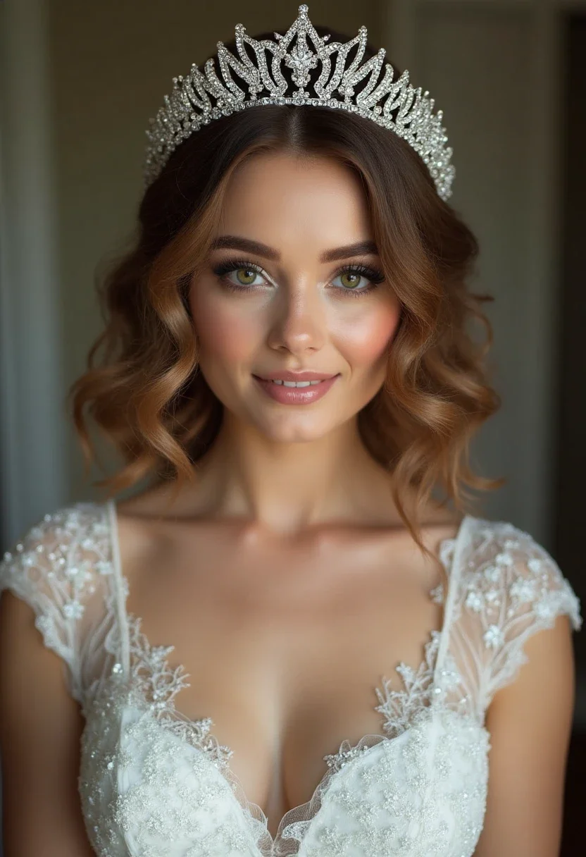 Bride with curled bob and tiara.