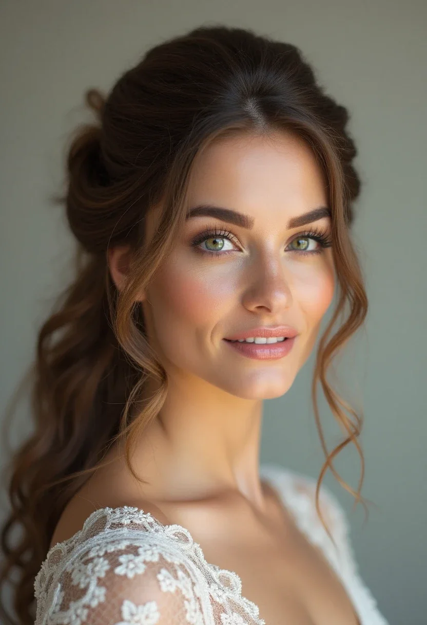 Bride with twisted half-up style.