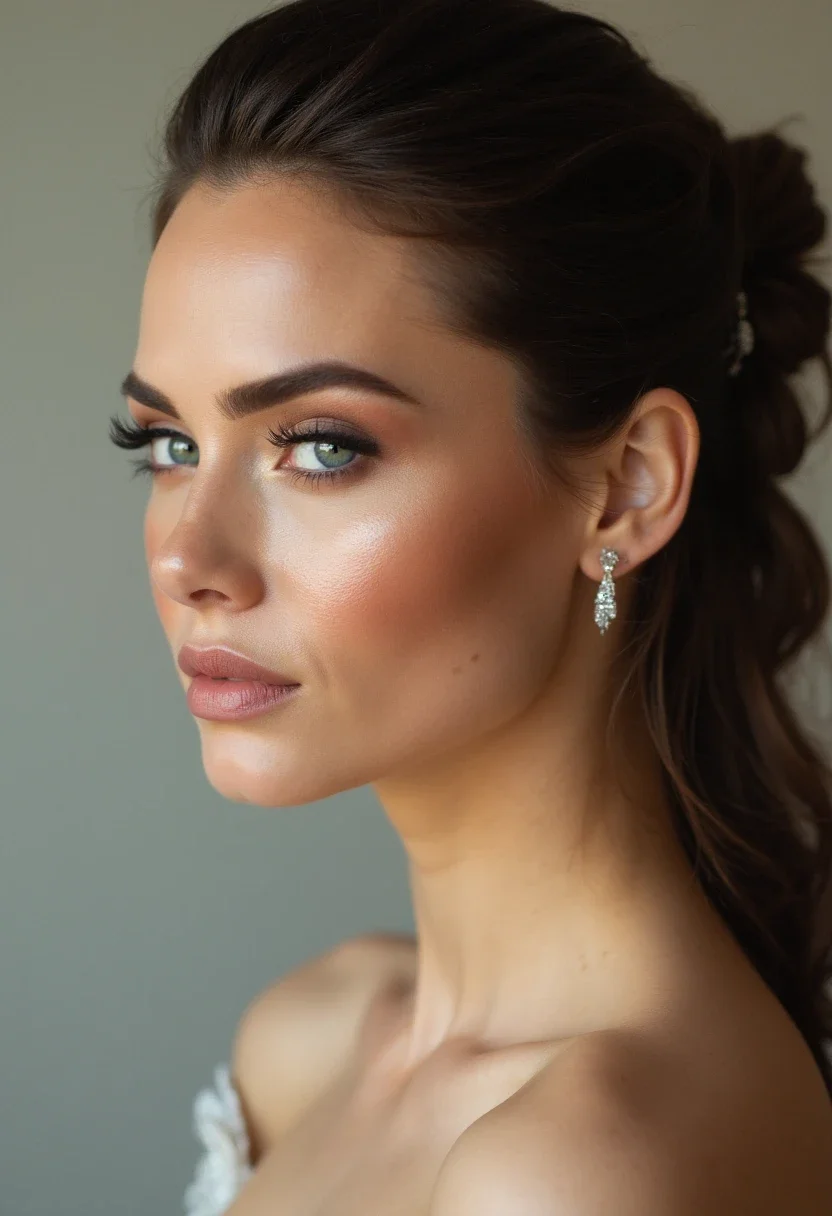 Bride with slicked-back hair.