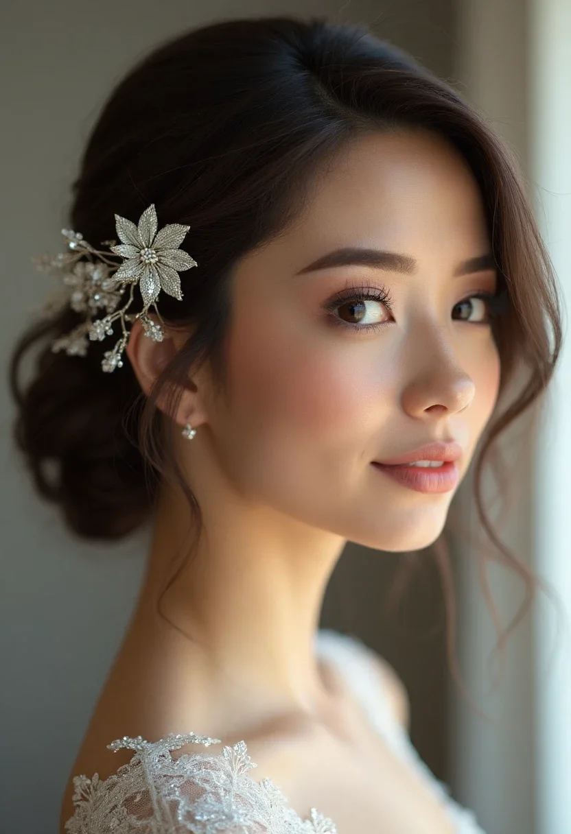 Bride with sleek side-parted lob.