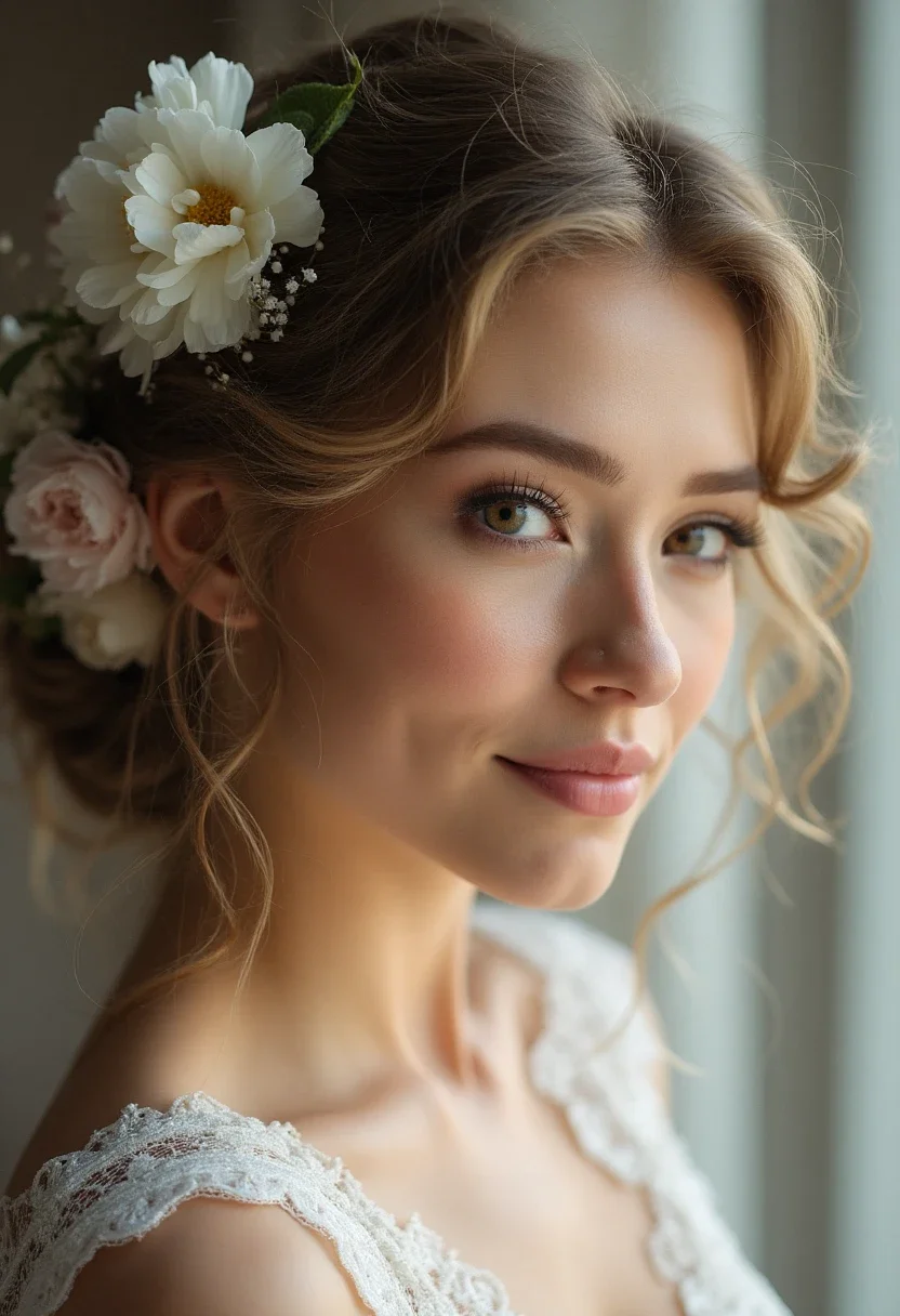Bride with soft curls and flowers.