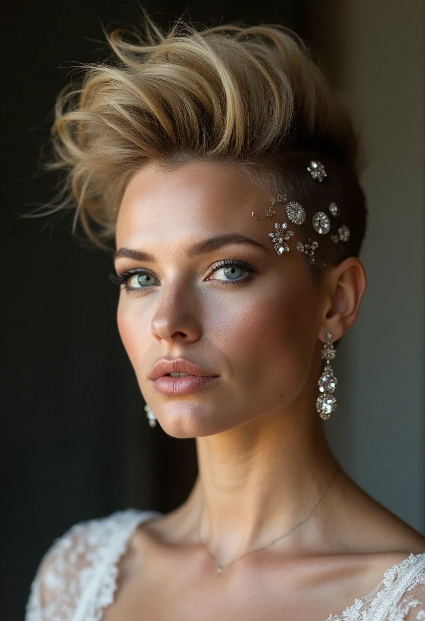 Bride with faux hawk and jewels.