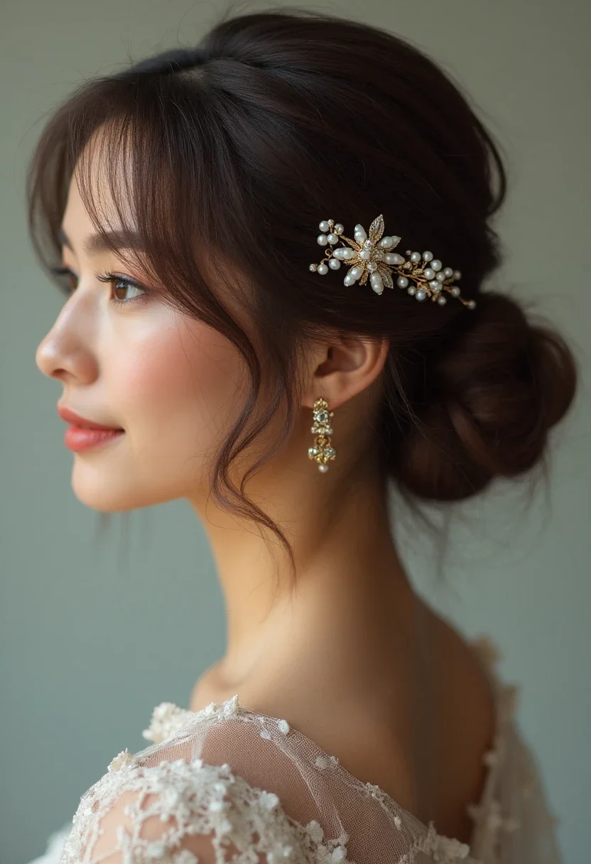 Woman with a chic chignon hairstyle accented by pearl hairpins.