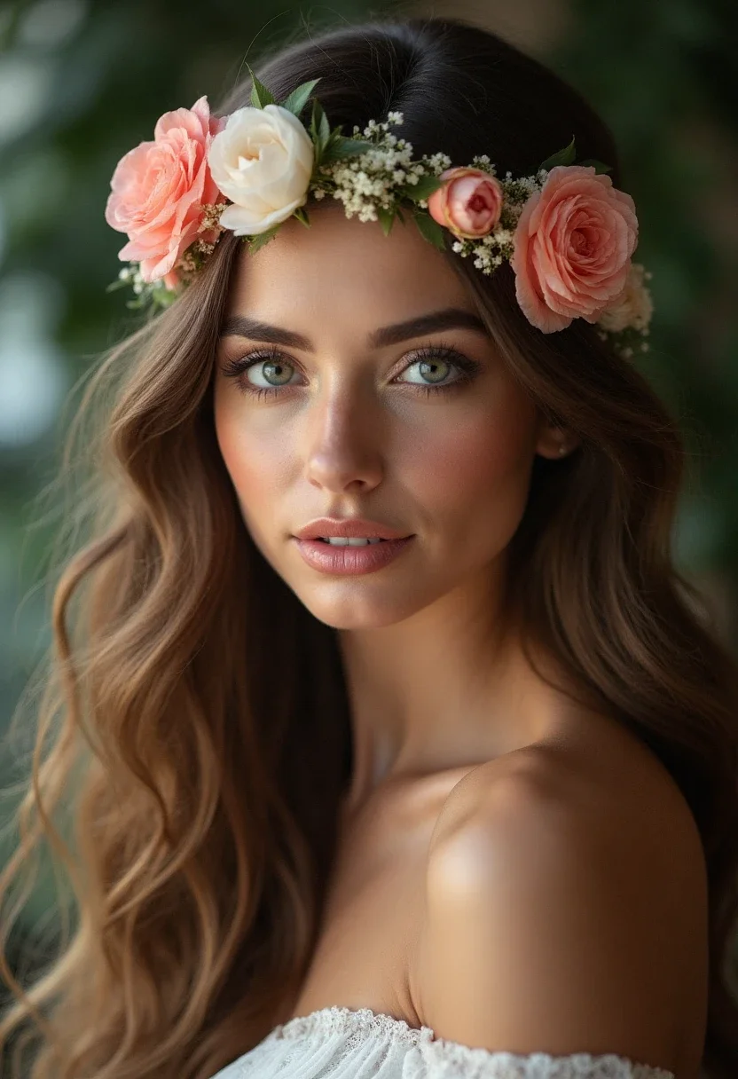 Woman with long loose waves and a floral headband.