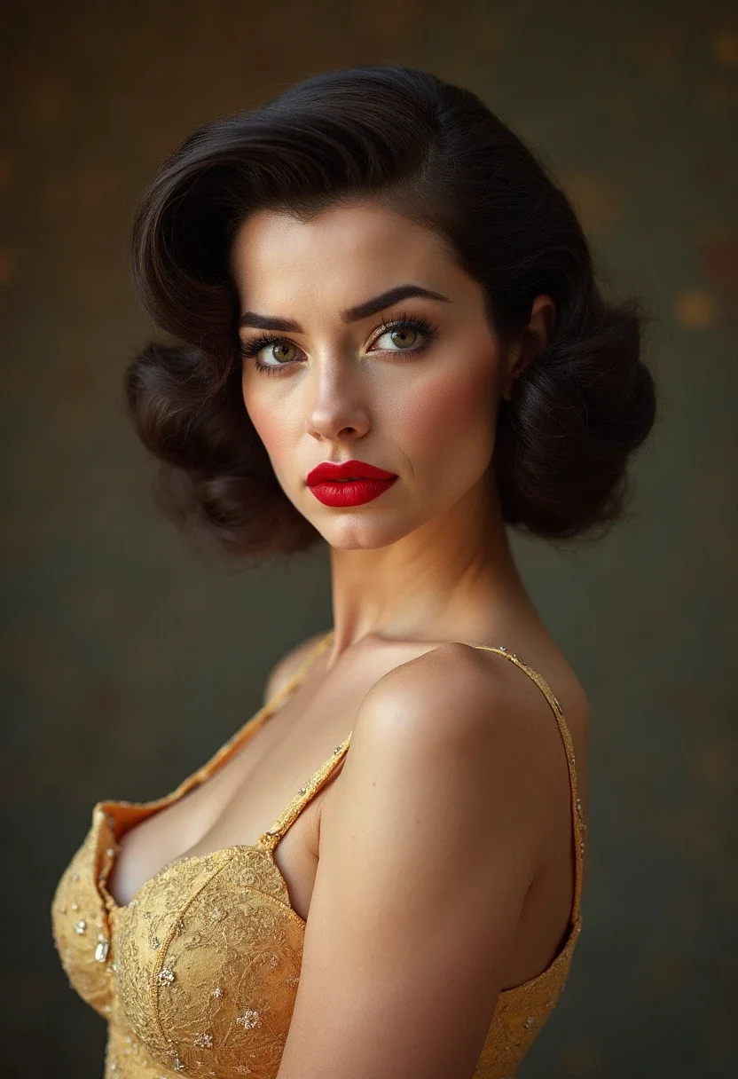 Woman with retro victory rolls and vintage attire.