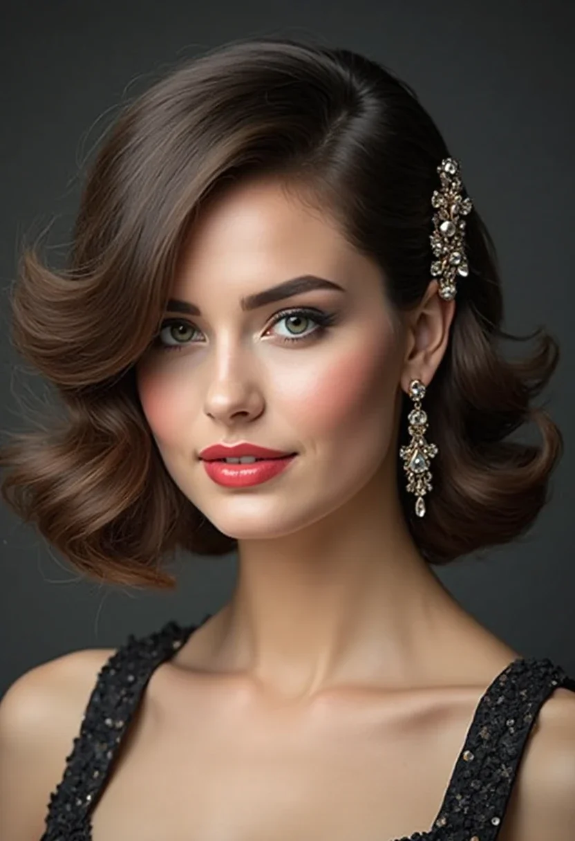 Woman with a sophisticated side sweep and statement earrings.