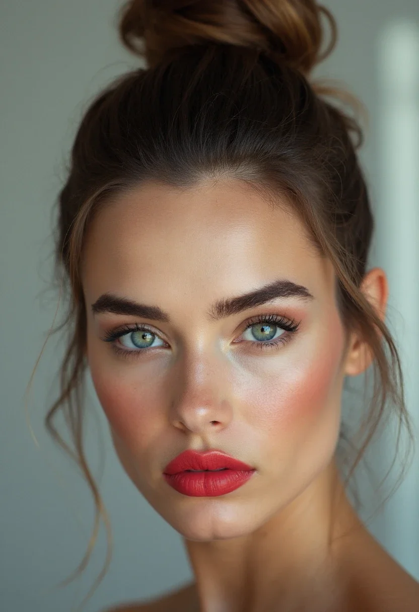 Woman with a modern top knot and bold lipstick.