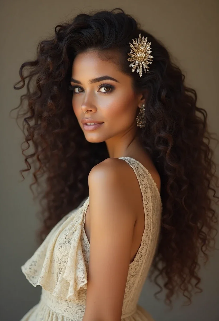 Woman with voluminous curls and a decorative hairpin.