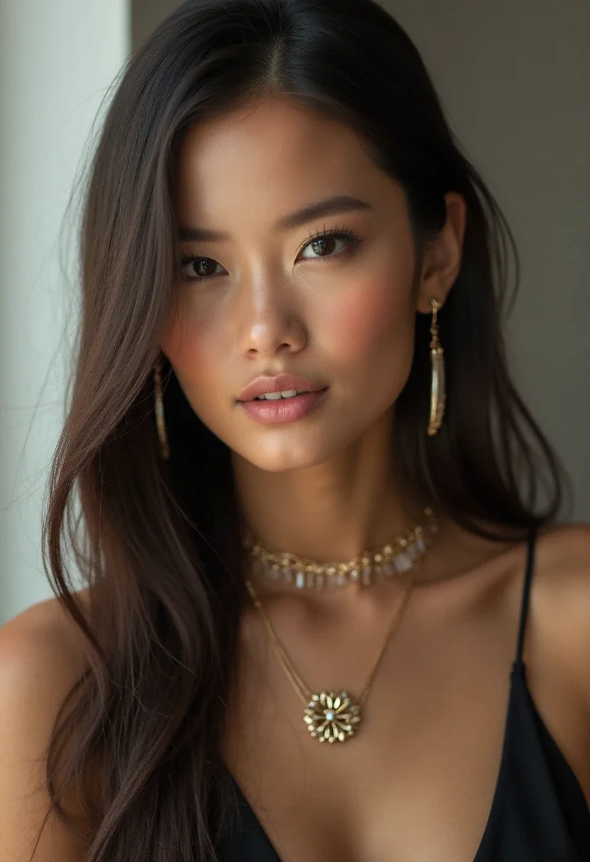Woman with minimalist straight locks and statement jewelry.