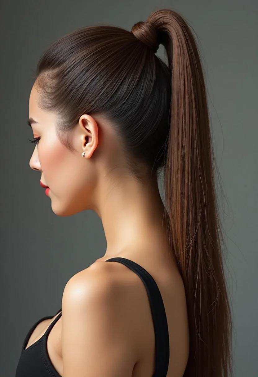 Woman with a sleek high ponytail, with hair wrapped around the base.