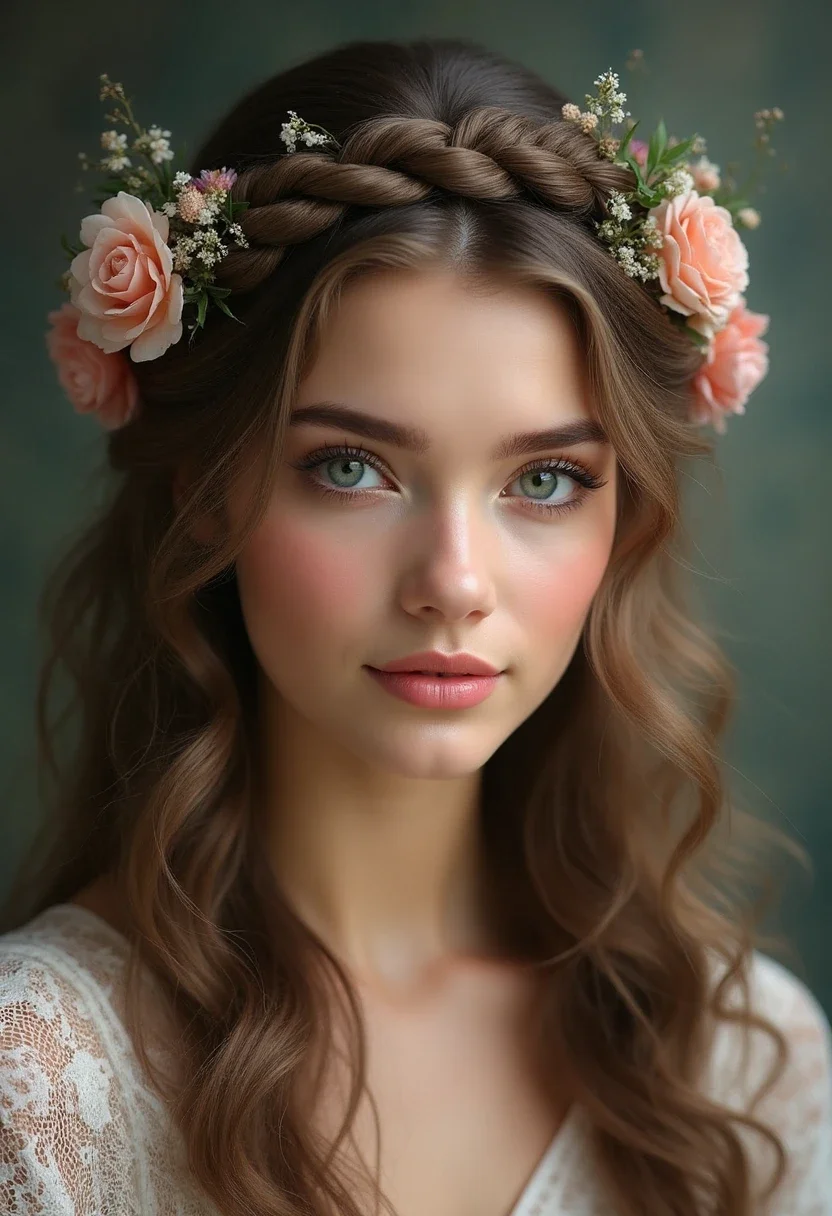 Woman with a half-up braided crown decorated with small flowers.