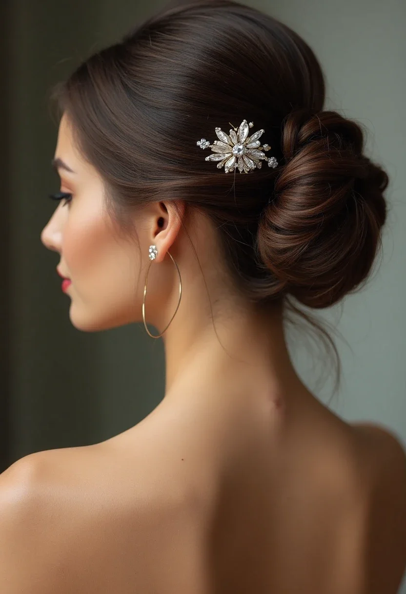 Woman with a classic French twist hairstyle, embellished with a jeweled hairpin.
