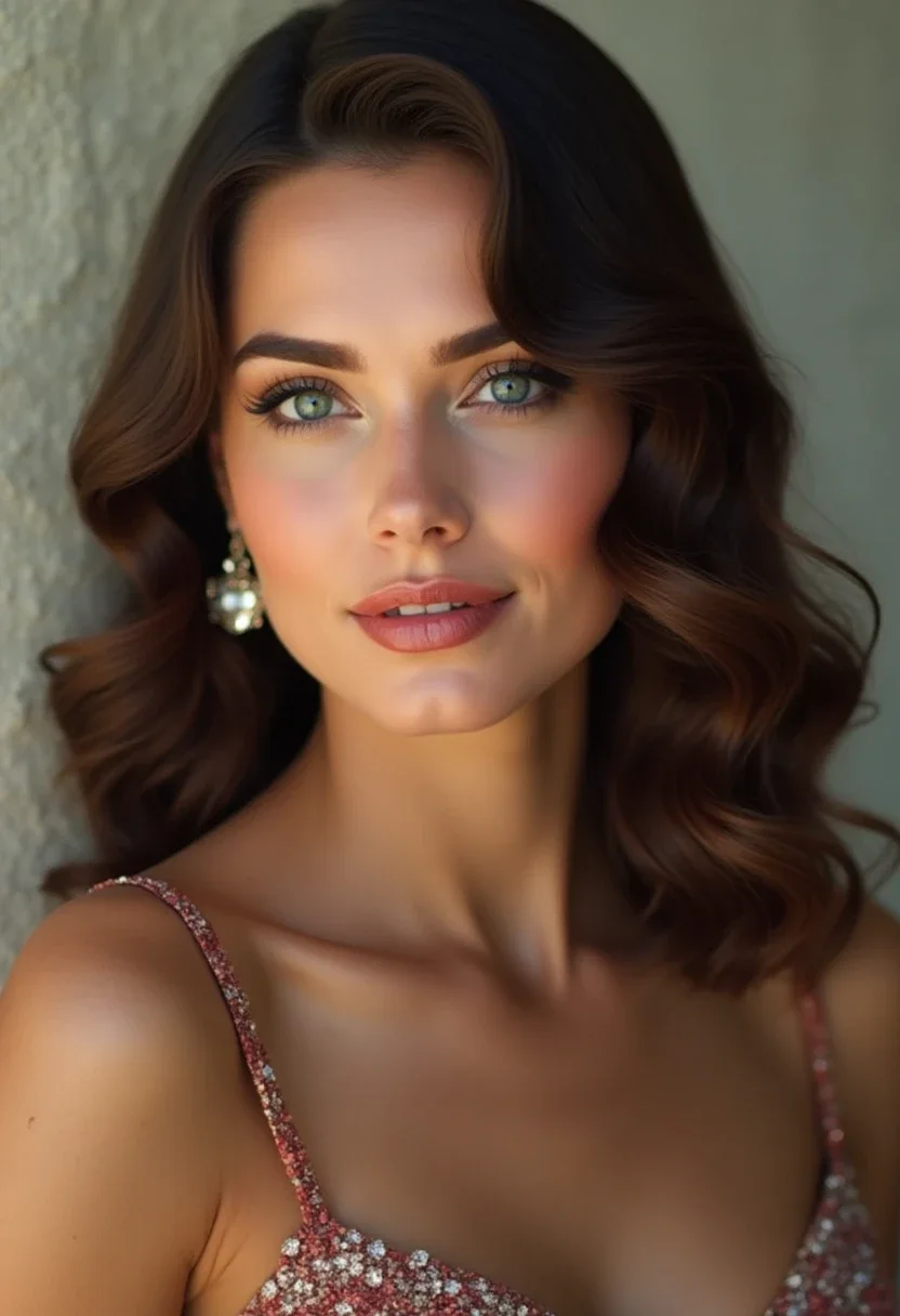 Woman with glamorous Hollywood waves and vintage earrings.