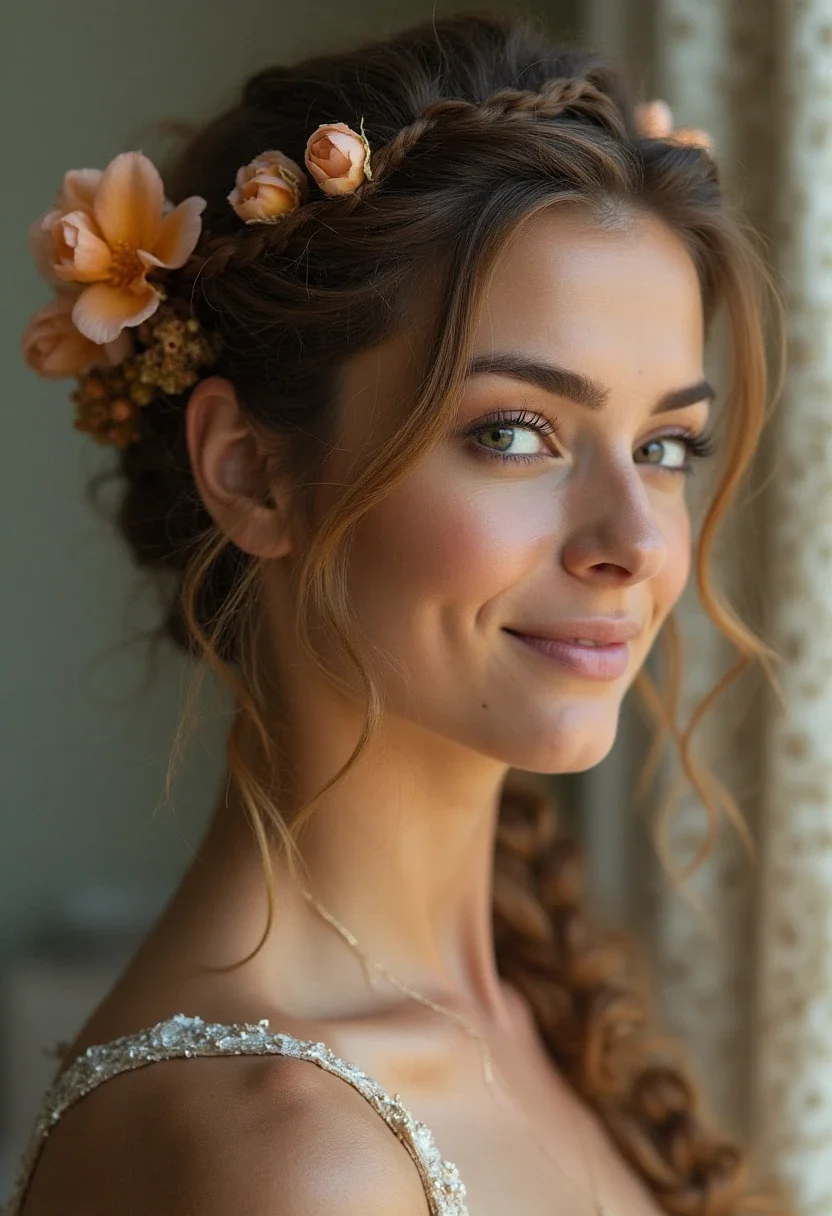 Woman with a bohemian braided updo adorned with fresh flowers.